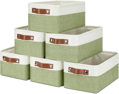 DULLEMELO Storage Baskets for Shelves, Small Fabric Collapsible Rectangular Storage Baskets for Organizing, Closets, Nursery, Home, Office, Empty Gift Baskets (6-Pack, White&Green)