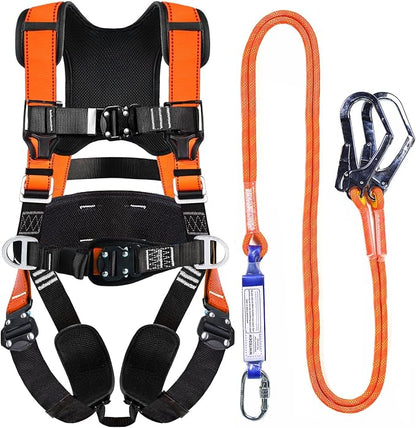 Fall Protection Premium Safety Harness with Shock Absorbing Lanyard, Vented & Padded Shoulder, Legs & Back - Upgrade 4 Quick Buckles (Orange)