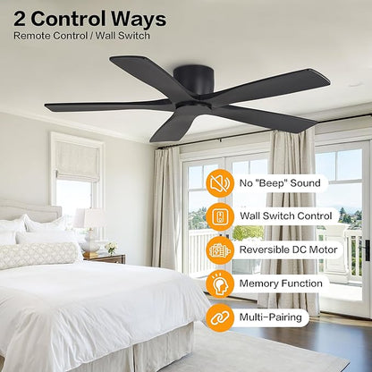 WINGBO 48" Flush Mount DC Ceiling Fans Without Lights, 5 Carved Solid Wood