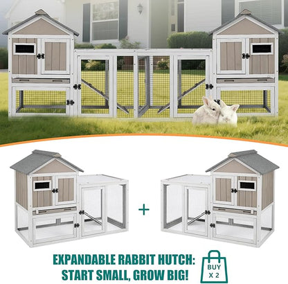 48" L Rabbit Hutch Indoor and Outdoor 2-Story Rabbit Cage with Pull Out Tray,Fir Wood Pet House with Wooden Ramp,Waterproof Bunny Cage Indoor with 2 Asphalt Roofs,Grey