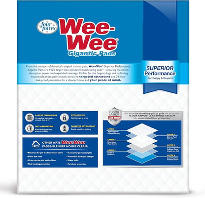 Four Paws Wee-Wee Superior Performance Gigantic Dog Pee Pads, 100 Count | Puppy & dog potty training pads, all day floor protection, housebreaking pet supplies, leak-proof puppy pads, 27.5" x 44"