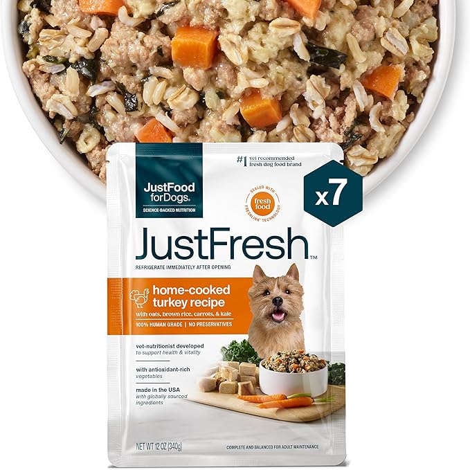 JustFoodForDogs JustFresh Wet Dog Food, Fresh Pet Meals and Toppers with No Preservatives, Resealable Package, Human Grade, Home-Cooked Turkey, 12 oz - 7 Pack