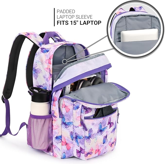 ZORFIN 26L Backpack for College, and Travel: Water Resistant Bookbag - Butterfly Purple