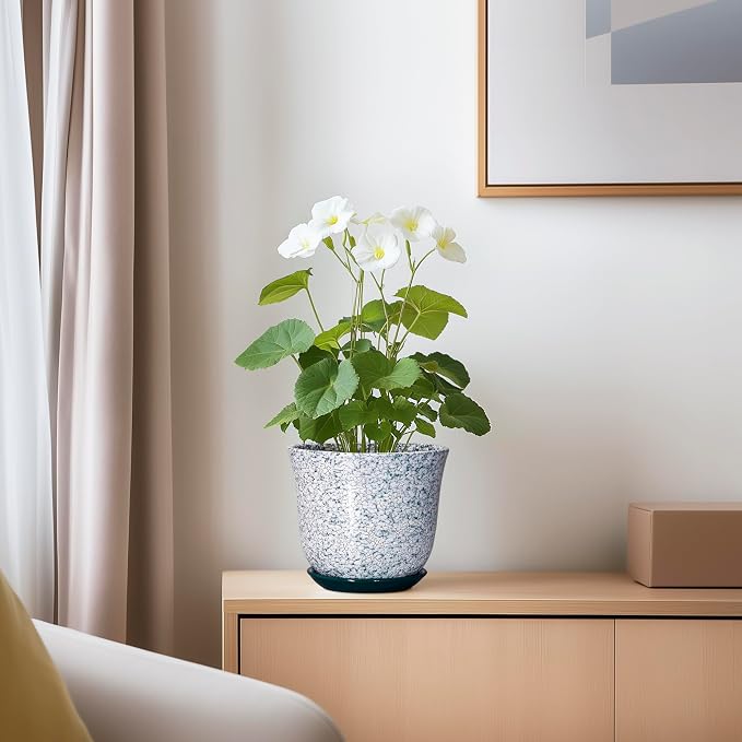5.6 Inch Plant Pot - Ceramic Plant Pots for Indoor Outdoor, Round Orchid Succulent Pots with Drainage Hole and Saucer, Modern Flower Pot, Home Office Decor, Green-White
