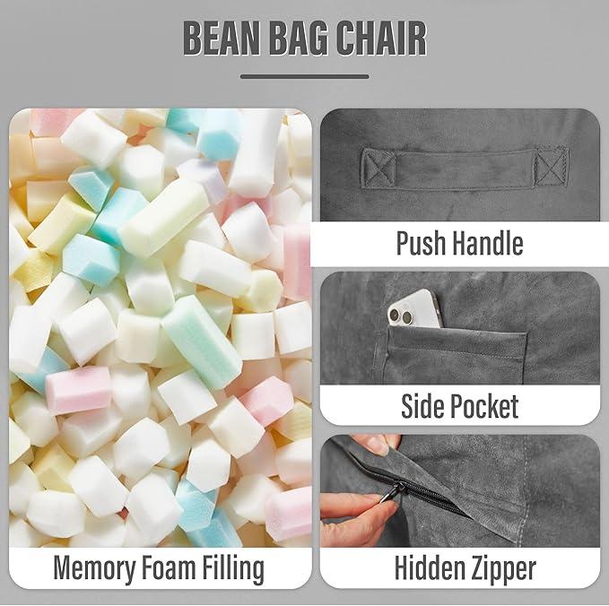 HABUTWAY Bean Bag Chair: Giant 6' Memory Foam Furniture Bean Bag Chair with Microfiber Cover - 6Ft,Grey