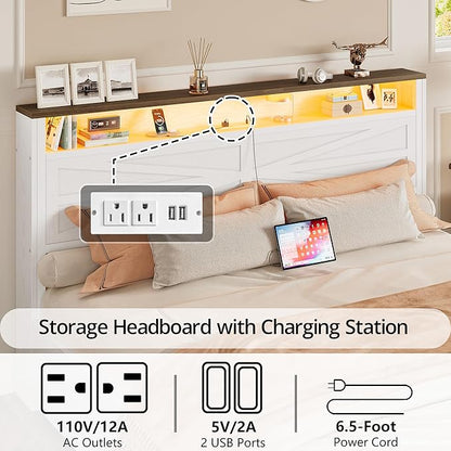 IRONCK Farmhouse Queen Size Bed Frame with LED Light and Charging Station, Wood Bed Frame with Storage Headboard and 2 Drawers， Barn Door Design, Sturdy and Noiseless, White