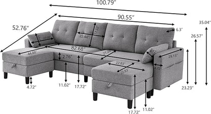 101" Convertible Sectional Sofa, Modern Linen Fabric U-Shaped Couch with 2 Storage Ottomans and Storage Pocket, 4 Seat Sofa Couches for Living Room, Apartment, Office, LightGrey