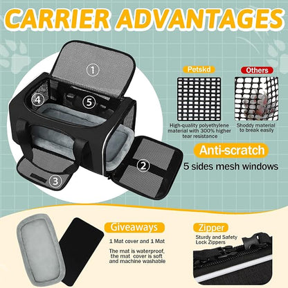Small Pet Carrier 17" L x 11" W x 9.5" H Airline Approved, Black | for Alaska Airlines, Lockable Safety Zippers and Anti-Scratch Mesh, Pets Under 10 lbs