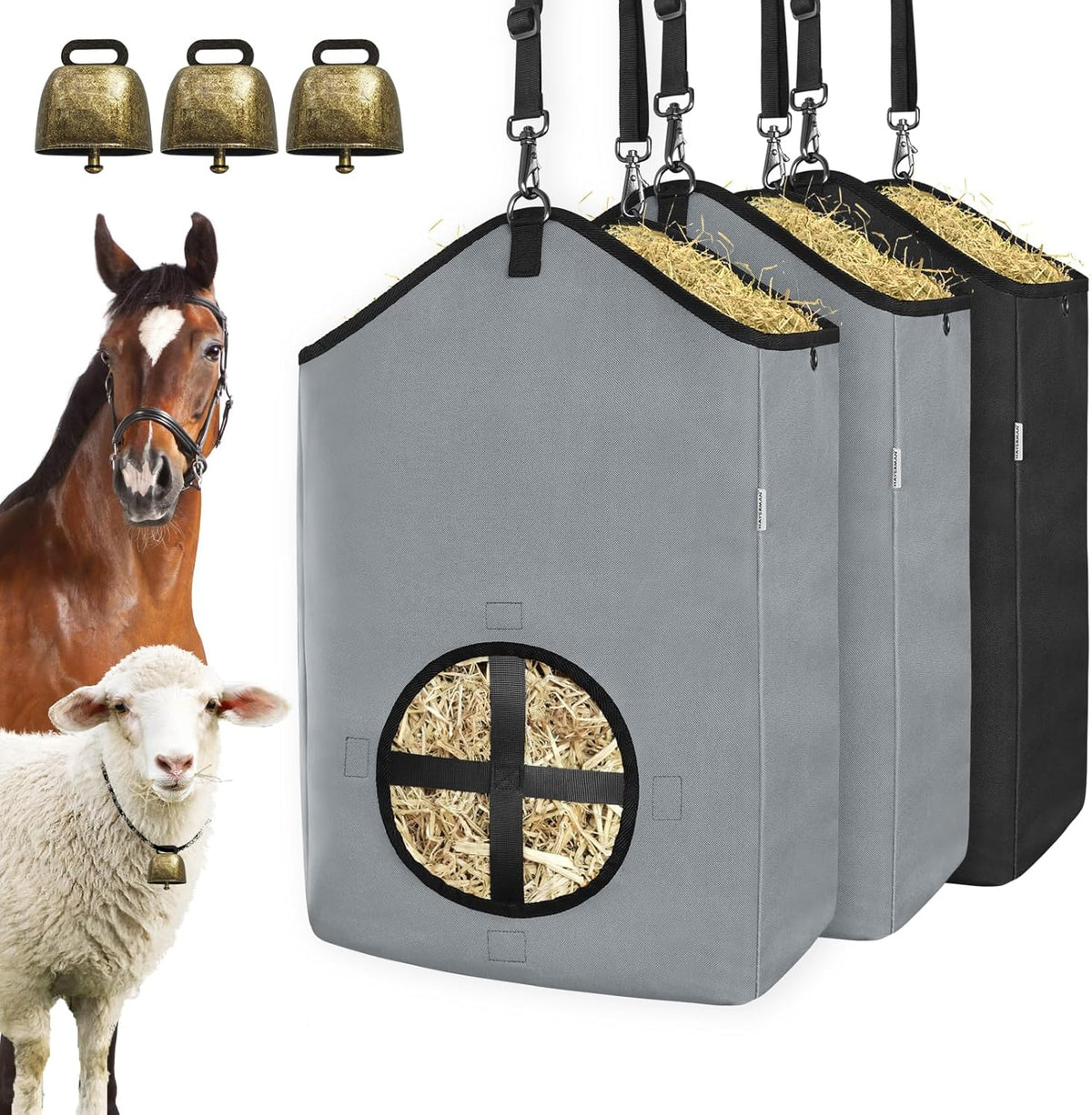 3 PCS Goat Hay Feeder,Hay Bags for Horses,Goats,Donkeys with Reinforced Oxford Fabric and High Strength Metal Clasp,Horse Feeding Supplies with Adjustable Strap for Easy Hanging (2Grey+1Black)