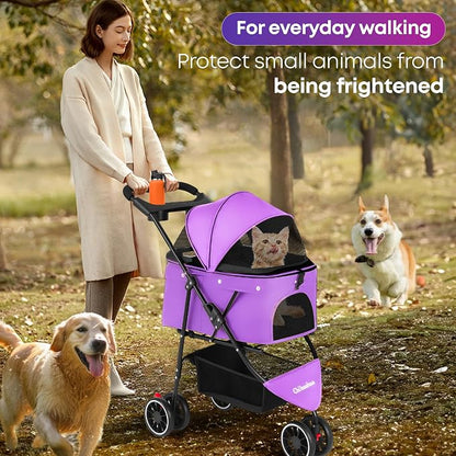 Pet Stroller,Dog Stroller for Small Medium Dogs Cats,3 Wheels,Purple | Foldable,with Breathable Mesh Canopy,Cup Holders,Easy Assembly