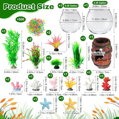 Cinnvoice 521 Pcs Plastic Fish Bowls Starter Kit, 2 Gallon & 0.27 Gallon Round Shatterproof Aquarium with Luminous Stones, Artificial Plants, Decor for Betta Goldfish, Small Fish Tank for Office