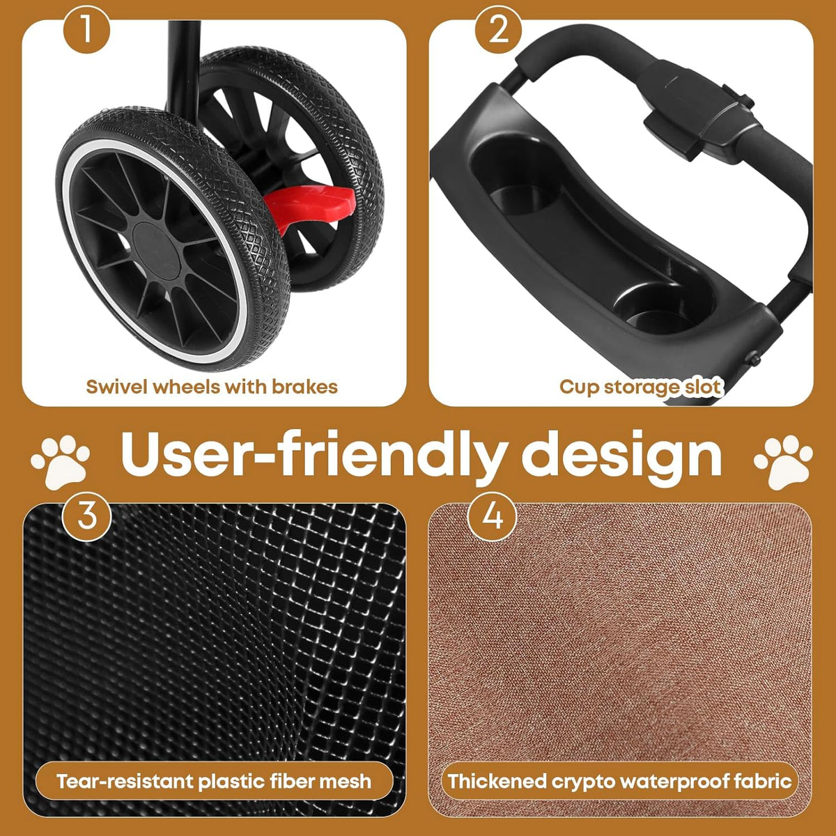Pet Stroller,Dog Stroller for Small Medium Dogs Cats,3 Wheels,Foldable,with Breathable Mesh Canopy,Cup Holders,Easy Assembly,Deep Brown