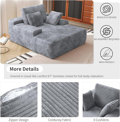 WJShome Oversized Chaise Lounge Chair Indoor, Plush Corduroy Boneless Sofa Bed, Cloud Reading Chair with Throw Pillow for Living Room (Gray)