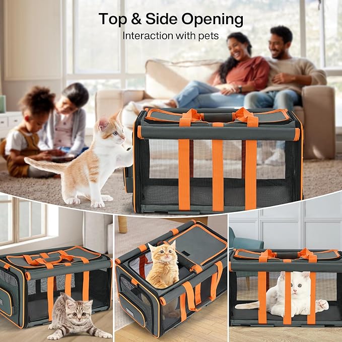 MILADA Large Cat Carrier for 2 Cats, Soft Big Pet Carrier with Wheels, Double Cat Carrier on Wheels, Rolling Pet Carrier for Travel Hiking Shopping and Camping（Not for Air Travel）, Orange