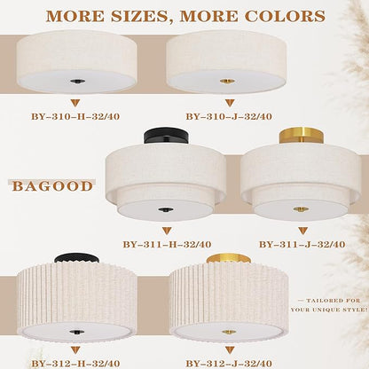 3-Light Semi Flush Mount Ceiling Lights Fixture 15.7 Inch Drum Light Fixture Drum Ceiling Lights with Pleated Fabric Shade Black Close to Light Fixtures for Hallway Living Room
