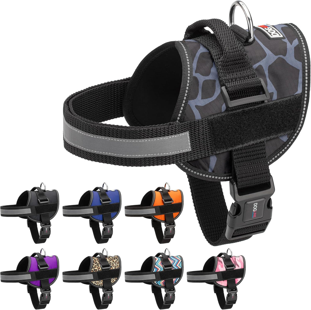 Dogline Dog Harness, Reflective No-Pull Adjustable Vest with Handle for Walking, Training, Breathable, No - Choke Harness for Small, Medium or Large Dogs Room for Patches Girraffe Grey L 27"-34"