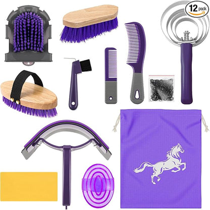 Abbylike 12 Pieces Horse Grooming Kit Racing Festival Tack Room Supplies Horse Brush Sets Equine Care Cleaning Kit Shedding Grooming Massaging Tools(Gray and Purple)