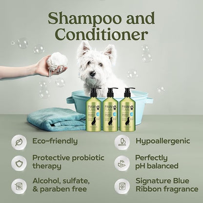 Pawfume Dog Gift Basket, 6-Piece Grooming Gift Box | 6-piece spa kit with probiotic deodorizer spray, hypoallergenic grooming mist & premium brush, Dog Gift Boxes for all breeds