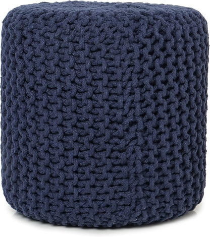 REDEARTH Cylindrical Pouf Ottoman -Hand Knitted Poof Pouffe Accent Chair Seat Footrest for Living Room, Bedroom, Nursery, kidsroom, Patio, Gym; 100% Cotton (16x16x16; Navy Blue)