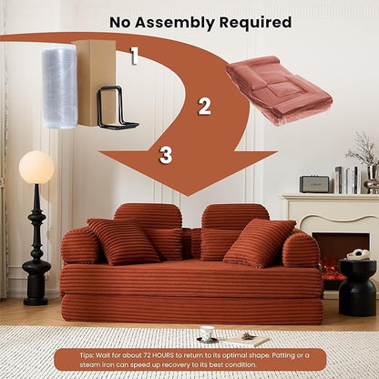 Convertible Sofa Bed,79'' Foldable Sleeper Lounge Modular Couch Comfort Compression Sofa Loveseat for Small Spaces Comfort for Apartment Bedroom (Corduroy Fabric, Orange1)