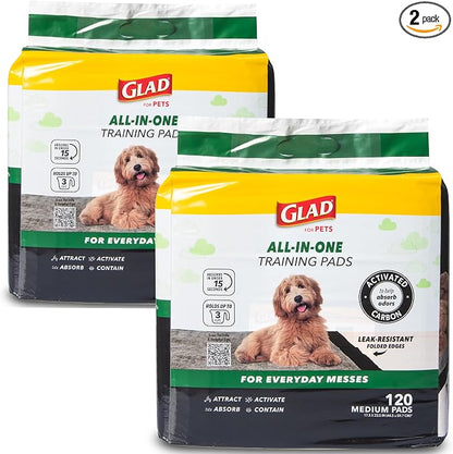 Glad for Pets Black Charcoal Puppy Pads, 120 Count, 17.5 x 23.5 Inch, Charcoal Odor Neutralizing, Super Absorbent, Leak-Resistant Edges, Pheromone Attractant, Disposable - 2 Pack