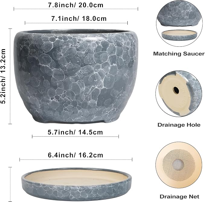 SQOWL 8 inch Plant pots Indoor - Ceramic Planter with Drainage Hole and Plant Saucer, Decorative Ceramic Flower Pot Outdoor, Modern Round Planter, Patio Porch Garden Decor, Garden Gifts, Gray