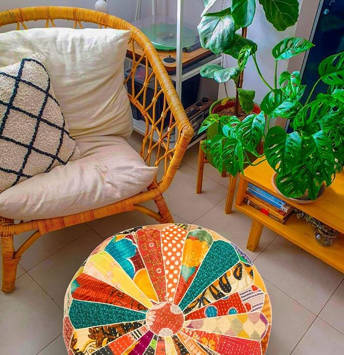 Mandala Life ART Indian Vintage Colorful Pouf Ottoman Cover Handmade Round Floor Cushion Pillow Patchwrok Recycled Cotton Bohemian Room Décor for Yoga and Boho Chic Seating Area 24x8 Unstuffed