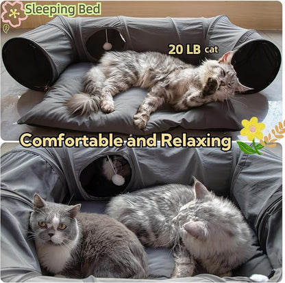 XxingSheep 4 Ways Shuttled XL Cat Tunnel Bed for Indoor Cats Peekaboo Cat Cave Donut with Cool Mat (Dark Gray)