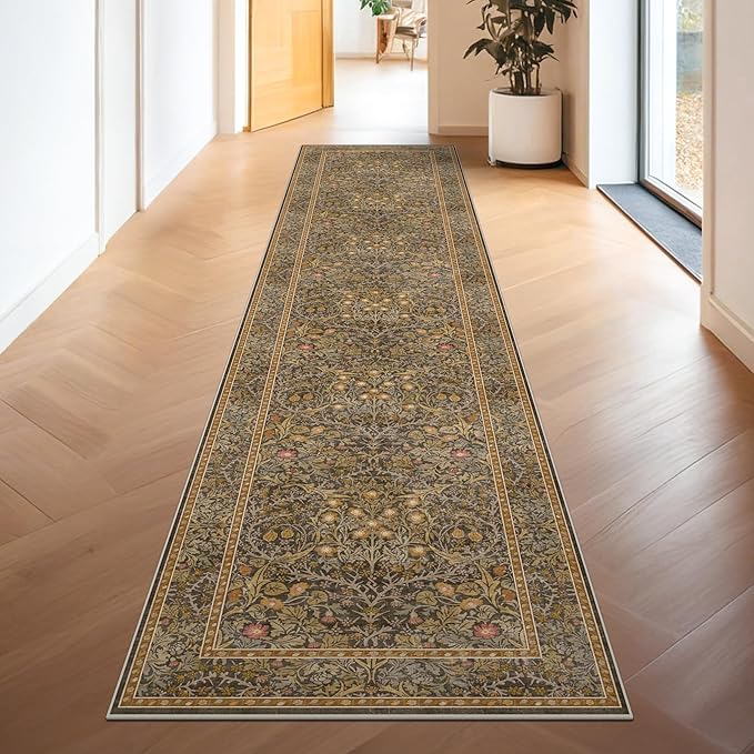 Non Slip 2x10 Gold Brown Hallway Runner - 10ft Long Runner Rugs, Washable Kitchen Floor Mat - Vintage Floral Design Décor