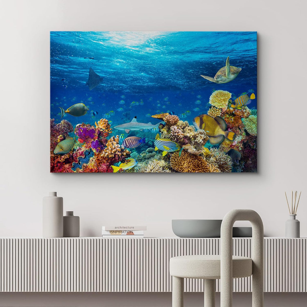 wall26 Canvas Print Wall Art Vibrant Sunshine Ray Coral Reef Turtle Fish Nature Animals Photography Realism Rustic Scenic Landscape Wilderness Colorful for Living Room, Bedroom, Office - 32"x48"