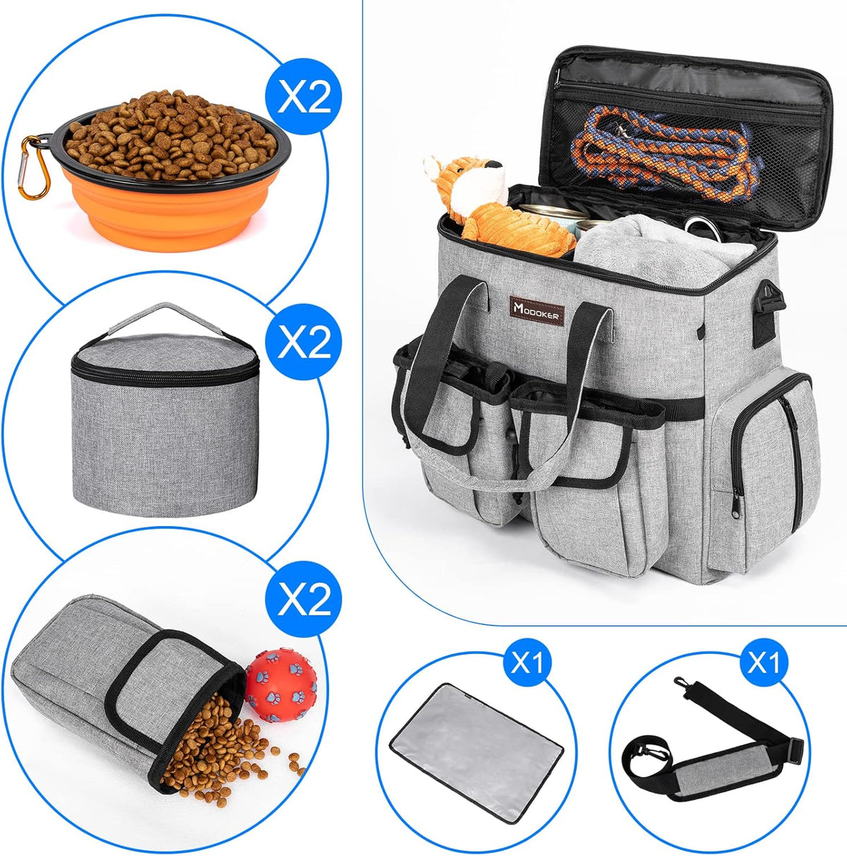 Airline Approved Dog Travel Bag with 2 Dog Treat Training Pouches, Tote Organizer for Weekend Pet Travel Supplies & Accessories, 2 Collapsible Bowls, 2 Food Container (Grey)