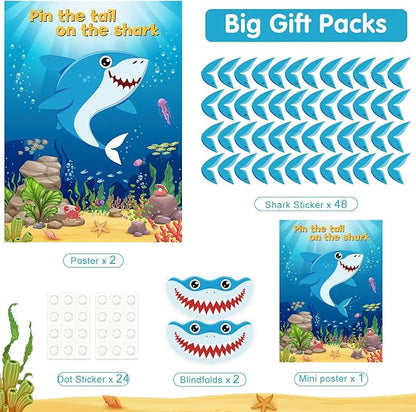 NEBURORA 2 Pack Pin The Tail on The Shark Party Game,2 Large 21"x 28" Posters with 48pcs Stickers for Multiplayer Shark Themed Birthday Party Supplies Decorations for Kids Boys Wall Home Decor