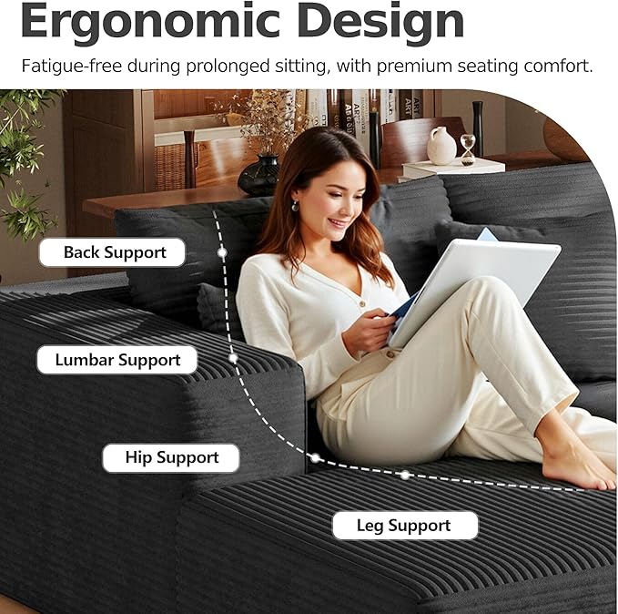 108'' Modular Sectional L-Shaped with Chair,Deep Seat Boneless Corner Couch for Living Room,Plush Corduroy Couch with Detachable Sofa Set,No Assembly(Left Facing Chaise，Gray)