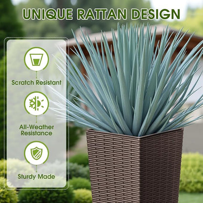 Devoko Resin Tall Planters for Outdoor Plants Set of 2, Large Taper Outdoor Planter Pots with 4 Drainage Holes, Flower Pots Modern Decor for Porch, Patio, Backyard, Garden(Brown, 23.6" with Trays)