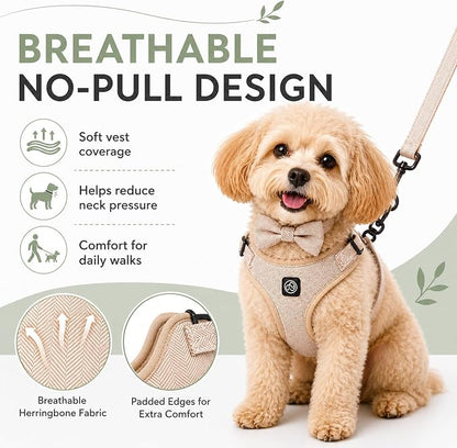 EVERKING 5-Piece Dog Travel Set, Adjustable Harness, Leash, Collar, Poop Bags, Bowtie for Small Medium Dogs, Beige, Breathable No-Pull Design (Beige, M)