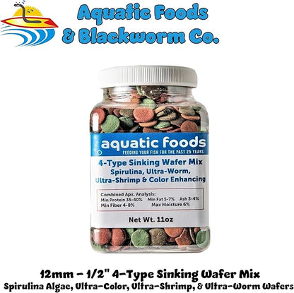 Aquatic Foods Inc. 4-Type 12mm - 1/2" Sinking Wafer Mix of Spirulina-Algae, Ultra-Worm, Ultra-Shrimp, Color Enhancing Wafers for Shrimp, Snails, Crabs, Crayfish, All Tropical Fish..11oz Small Jar