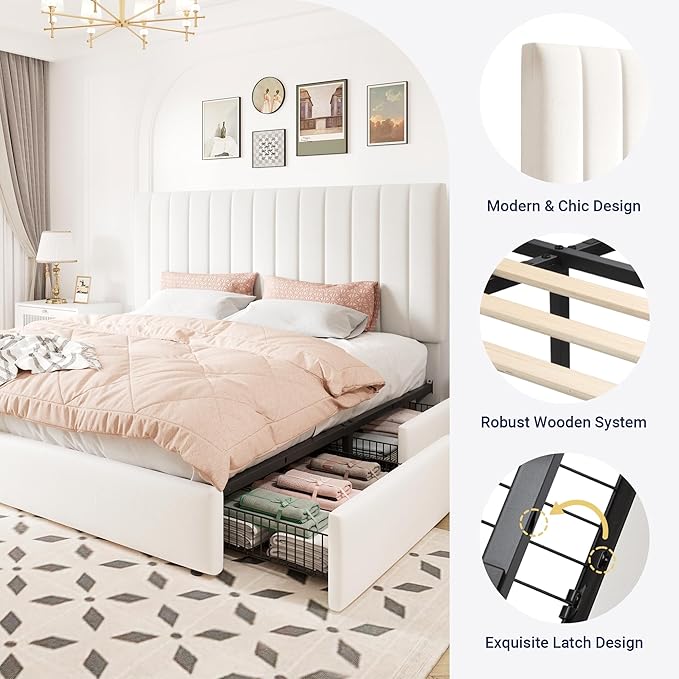 Allewie King Size Storage Bed Frame, Vertical Channel Tufted Adjustable Headboard, Velvet Upholstered Platform Bed with 4 Oversized Underbed Drawers, Wooden Slats Support, No Box Spring Needed, White
