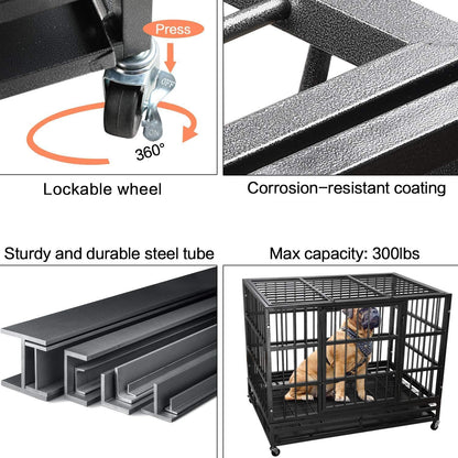 LEMBERI 42 inch Heavy Duty Indestructible Dog Crate, Escape Proof Dog Cage Kennel with Lockable Wheels,High Anxiety Double Door Dog Crate,Extra Large Crate Indoor for Large Dog with Removable Tray