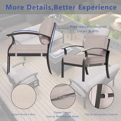 RTDTD Aluminum Outdoor Patio Furniture Set,5 Pieces 7 Seats Patio Conversation Sets with 45" Propane Fire Pit Table,Metal Patio Sectional Furniture Set w/5.1" Cushions for Porch,Deck,Backyard,Sand
