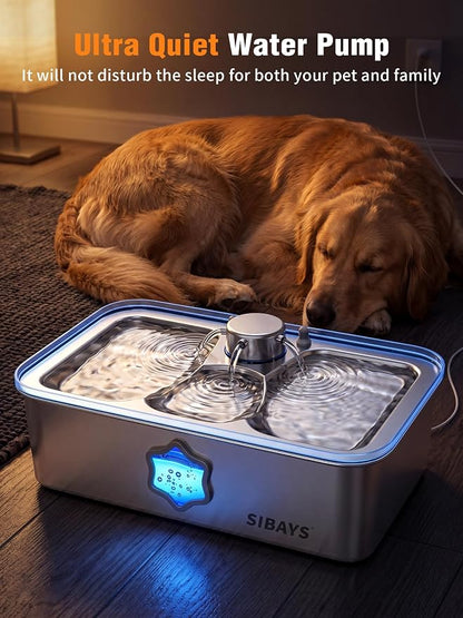 SIBAYS 4.5Gal/17L Dog Water Fountain for Large Dogs, Large Capacity Stainless Steel Pet Water Fountain, Automatic Quiet Dog Water Bowl Dispenser with Water Level & LED Light, Easy to Clean FS86