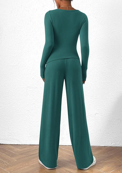 PRETTYGARDEN Women's 2 Piece Lounge Sets Asymmetrical Long Sleeve T Shirt Wide Leg Pants Casual Outfits Tracksuit