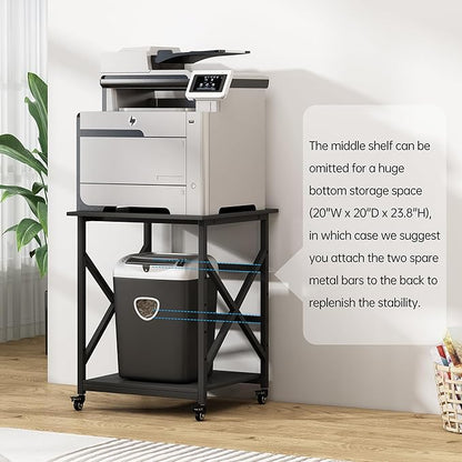 Fannova Printer Stand, 23.6 x 23.6 x 30.1 Inches Large Square Printer Table with Height Adjustable Storage Shelf, 3 Tier Rolling Printer Cart with Industrial Wheels for Home Office - Black