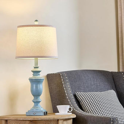 27.5" Set of 2 Farmhouse Table Lamps for Bedroom, 3 Way Dimmable Bedside Lamp with 2 USB +AC Outlet Nightstand Lamps for Living Room Resin Rustic Touch Lamps(Antique Blue)
