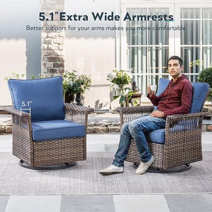 Outdoor Swivel Glider Chairs - 3 Pieces Hollow Widen Armrests Wicker Patio Furniture Set with Side Table, High Back Outside Swivel Rocker for Balcony Porch Deck and Yard - Brown/Blue
