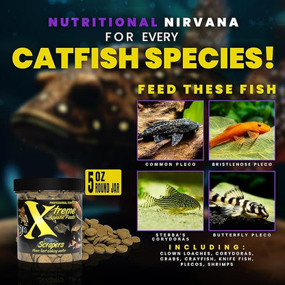 Xtreme Scrapers Wafers - Premium 14mm Fast-Sinking Fish Food – Nutrient & Cellulose Rich Ideal for Nocturnal Feeders, Catfish, Plecostomus Species, and Loaches – USA Farm Grown (5oz)