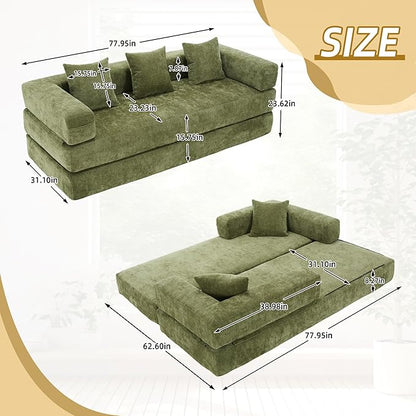 Comfy Convertible Folding Mattress Couch, Floor Sofa Bed, Chenille Floor Sofa with Armrest, Floor Sofa Lounge Couch for Living Room Bedroom Lounge Studio-Green