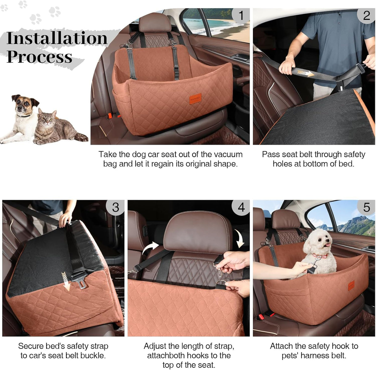 Dog Car Seat for Medium & Large Dogs Up to 55lbs, Memory Foam Cushion, Washable Cover, Safety Straps & Non-Slip Base (Brown, Large)
