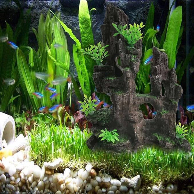 kathson Aquarium Mountain View Stone Resin Fish Tank Decoration Betta Hideout Caves Rockery Landscape Tree Rock Hiding Cave Decor for Small Fish Shrimp Play Ornament