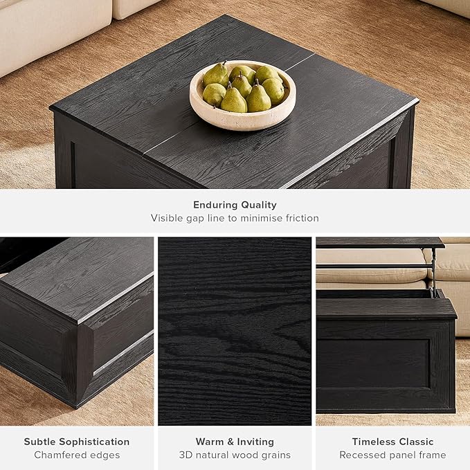 mopio Blake Lift Top Coffee Table with Storage, Modern Farmhouse Square Wood Center Coffee Table with Easy Lifting Top, Chamfered Edge & Soft Closing (Black Oak)