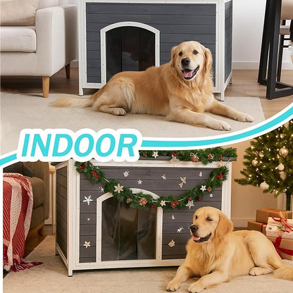 Geguri Large Outdoor Wooden Dog House for Medium to Large Dogs | Weatherproof Asphalt Roof, Chew-Resistant Frame,Indoor/Outdoor Use (Grey, 43.3" L × 26.4" W × 29.5" H)